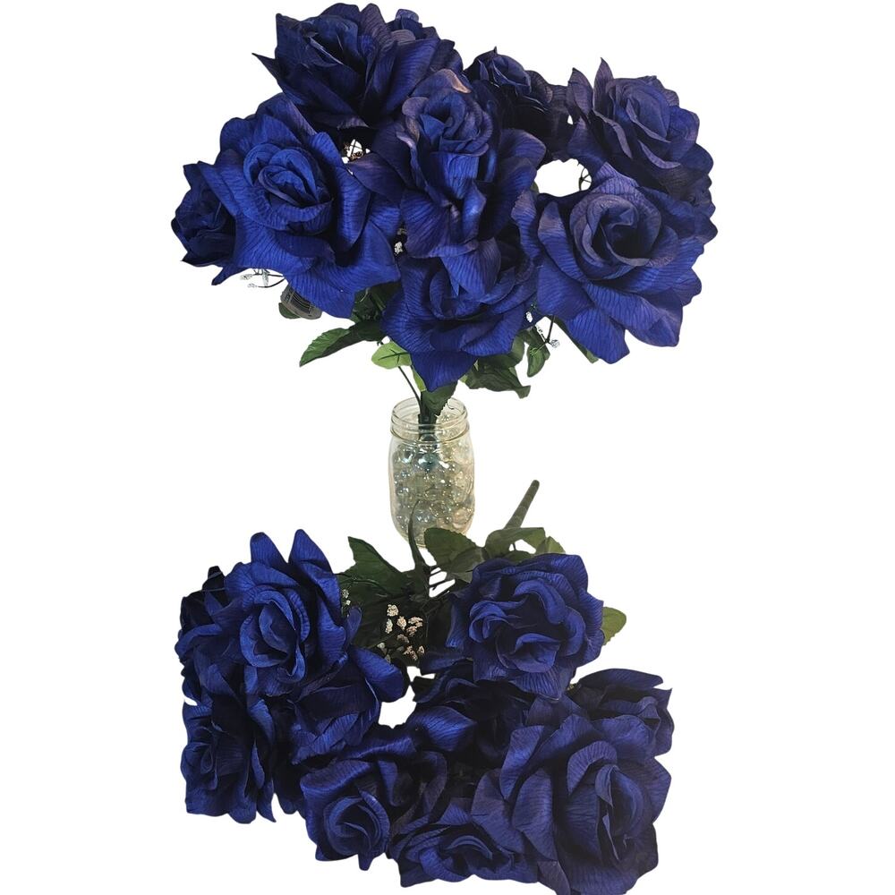 Royal Blue Artificial Rose Bushes 24 Flowers 4in Blooms Wedding Floral Lot of 2